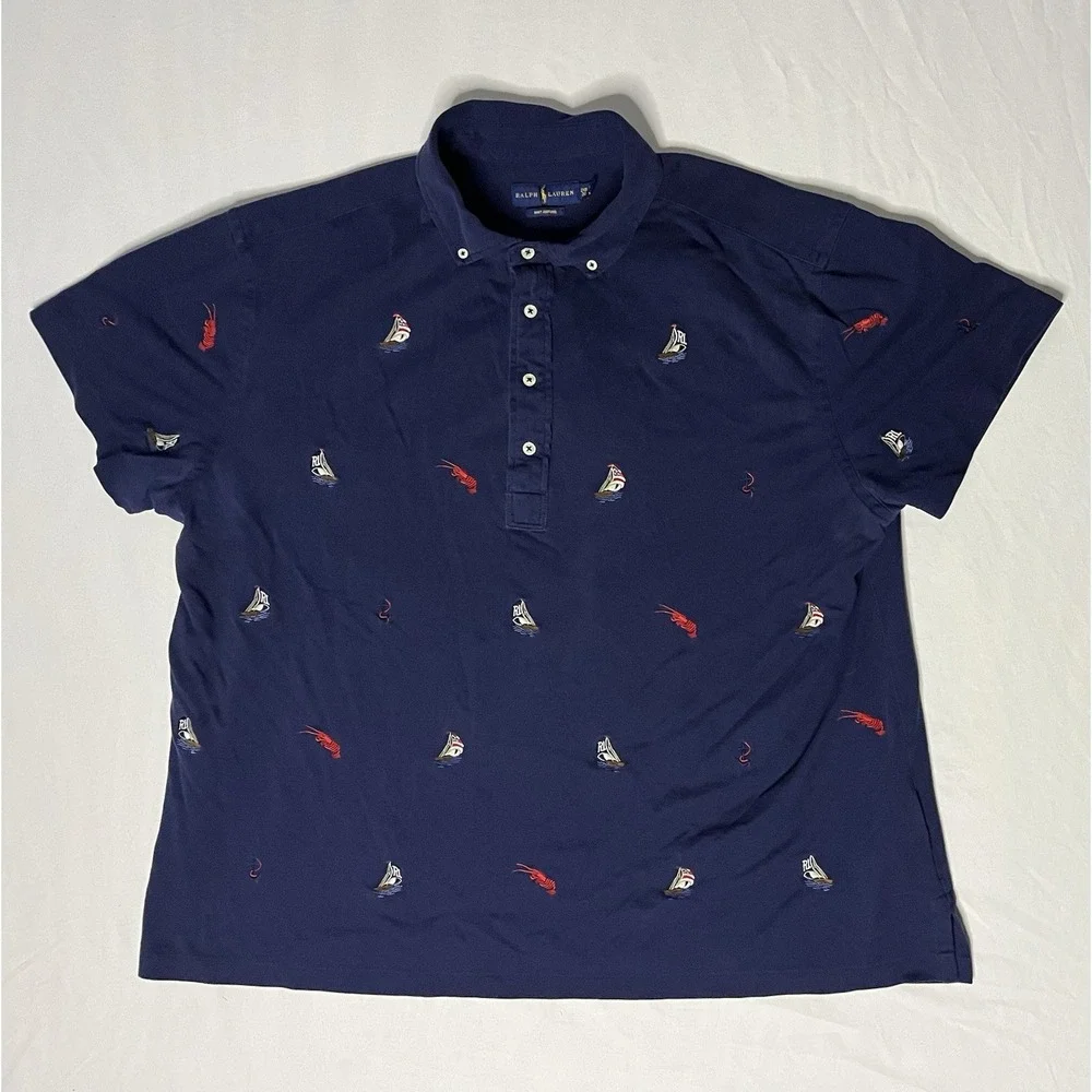 Ralph Lauren Knit Oxford Polo Shirt Men's Size 2XB Blue AOP Sailboats Lobsters